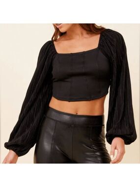 Vintage Havana-BLACK CORSET BALLOON SLEEVE TOP-size Small-NWT-Retail $70
